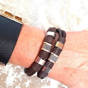 2 Friendship Bracelets Bohemian Hawaiian Brown Faux Leather Metal Rocker Skater